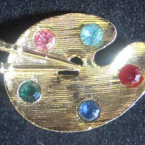 Vintage 1950 Artist Mini Gold Toned Paint Pallet w/Multi Colored Rhinestone Pin